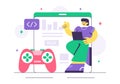Game Development Vector Illustration Featuring Games, Digital Technology, Programming, and Coding for the Technical Aspects Royalty Free Stock Photo