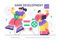 Game Development Vector Illustration Featuring Games, Digital Technology, Programming, and Coding for the Technical Aspects Royalty Free Stock Photo