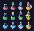 Game elixir. Cartoon GUI potion sprite asset of flasks and phials for life mana and strength for 2D game. Vector