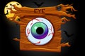 Game eyes icon, wooden banner and scary night.