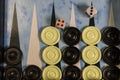 Game field in a backgammon with dice and checkers Royalty Free Stock Photo