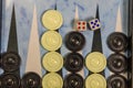 Game field in a backgammon with dice and checkers Royalty Free Stock Photo