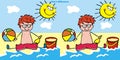 Game, find five differences, little boy on the beach, funny vector illustration Royalty Free Stock Photo