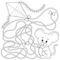 Game, find the right way. Mouse holding a kite. Teaching children logic in a playful way. Children coloring book. Royalty Free Stock Photo