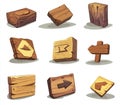 Game frame with wooden buttons. Arrow signboard UI interface collection. Round and square brown user plank kit for a
