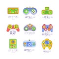 Game gadget collection in line style. Colorful gameplay, joystick, gaming controller. Vector let s play logo