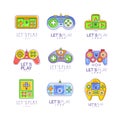 Game Gadget Collection In Line Style. Colorful Tetris, Nintendo, Gameplay, Joystick, Gaming Controller. Vector Let S