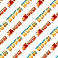 Game gift kids train seamless pattern background vector travel railroad transportation toy locomotive illustration.