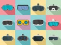 Game goggles icons set, flat style