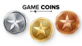 Game Gold, Silver, Bronze Coins Set Vector With Star. Realistic Achievement Icon Illustration. Rank Medals For Game User Interface Royalty Free Stock Photo