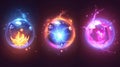 Game icon with a glowing fire orb. Crystal sphere with lava fireball with lightning electric element. Neon crystal