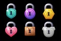 Game icon multicolored metal closed lock shapes square round and hearts. Royalty Free Stock Photo