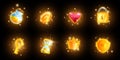 Game icon set, vector casino interface reward kit, golden crown, potion flask, award shield, magic glow. Royalty Free Stock Photo