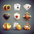 Game icon set, vector casino interface reward kit, golden crown, potion flask, award shield, magic glow. UI mobile app 3D design Royalty Free Stock Photo