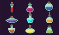 Game icons of bottles with poison or elixir. Cartoon container for health or energy. Collection magical liquid in glass bottles Royalty Free Stock Photo