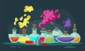 Game icons of bottles with poison or elixir. Cartoon container for health or energy. Collection magical liquid in glass bottles