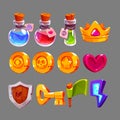 Game icons with potions, gold crown, heart, coins Royalty Free Stock Photo