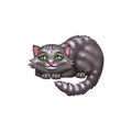 Game illustration of smiling Cheshire Cat isolated on white. Cheshire Cat from kids fairy tale, tricky and smiling cute