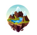 Game islands collection. Highlands of north america, snow-capped mountains with mountain river. Nature landscape of earth for game