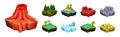 Game Islands with Volcano, Forest, Rock and Pond Vector Set