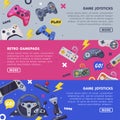 Game Joystick Landing Page Templates Set, Retro Gamepads Horizontal Banners with Space for Text and Console Game