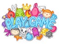 Game kawaii design. Cute gaming elements, objects and symbols