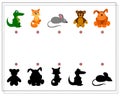 A game for kids, find the right shade for the cartoon animals. Crocodile cat mouse bear dog. Vector Royalty Free Stock Photo