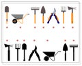 A game for kids, find the right shade for garden tools. Shovel, rake, garden cart, pruner, Vector