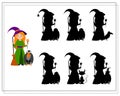 Game for kids find the right shadow cartoon witch, halloween. vector isolated on a white background Royalty Free Stock Photo