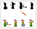 Game for kids find the right shadow cartoon witches in hats and with a broom, Halloween. vector Royalty Free Stock Photo