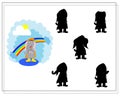 game for kids find the right shadow, a cute cartoon elephant stands near the rainbow. vector flat illustration