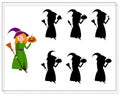 Game for kids find the right shadow witch with a broom and pumpkin, Halloween. vector isolated on a white background Royalty Free Stock Photo