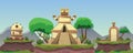 Game level background with ancient buildings on platforms. Game location with a temple in the Aztec or Mayan style. Panoramic