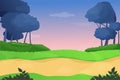 Game level background, magic road and fantasy landscape in cartoon style. road, green field and forest Royalty Free Stock Photo