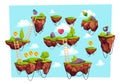 Game level with flying ground. Cartoon 2D stage with coins hearts floating wooden stairs, grass and stones for mobile