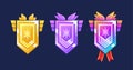 Game Level Metallic Ui Icons, Gold, Platinum and Rainbow Achievement Badges, Shields or Banners with Wings, Stars