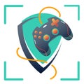 Game logo with shield and gamepad in a green frame, vector flat icon in casual style