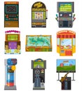 Game machine vector arcade gambling games hunting fishing boxing and dancing where gamesome gambler or gamer play in Royalty Free Stock Photo
