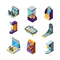 Game machines. Amusement park fun for kids arcade racing pinball drive game automat vector isometric