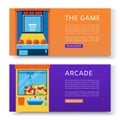 Game machines banners set vector illustration. Arcade games, hunting, fishingand baseball where gamesome gambler or Royalty Free Stock Photo