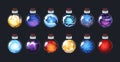 Game magic potion. Witchcraft mystery bottles with alchemy elixir, glass flask with poison and chemicals. Vector game