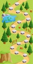 Game map forest gui background, template in cartoon style, casual isometric view. Decorated with stones, trees, pond.