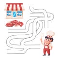Game maze template of children activity illustration of butcher finding way to store beef meat