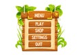 Game menu Jungle frame with wooden planks, old paper, rope, decorated plants and leaves in comic cartoon style isolated