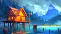 Game modern with hut on stilt near lake. Rain scene with forest house and mountain view. Axe and stump near wooden cabin Royalty Free Stock Photo