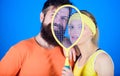 This game is more than hobby. Healthy lifestyle concept. Man and woman couple in love with tennis racket sport equipment Royalty Free Stock Photo