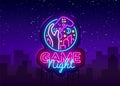 Game Night neon sign Vector logo design template. Game night logo in neon style, gamepad hand, video game concept
