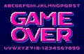 Game Over alphabet font. Eighties style pixel letters, numbers and symbols. Pixel background.