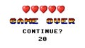 Game over 8-bit hearts continue white full