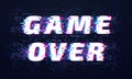Game over. Games screen glitch, computer video gaming phrase and playing final level death screen with distorted text